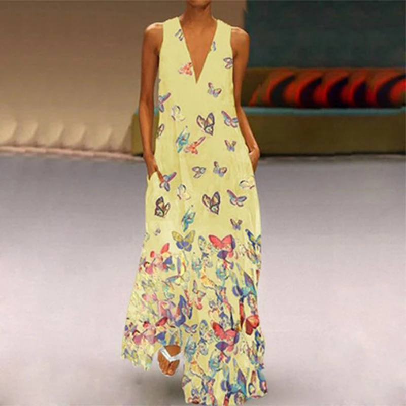 

za traf women202021summer butterfly print bohemian beach dress V-neck sleeveless kawaii xnwmnz dress shein robe trafaluc zaraing