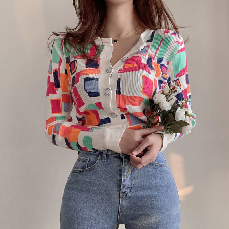 

TVVOVVIN 2021 Spring New Korean Contrast Print Fashion Knitting Cardigan Long Sleeve Slim Female Sweater X40Y