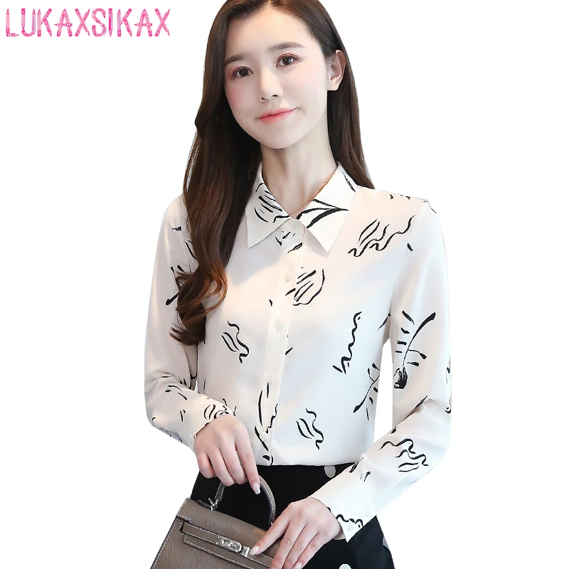 

LUKAXSIKAX 2020 New Spring Autumn Women Turndown Collar Long Sleeve Shirt Korean Fashion Print White Chiffon Shirt