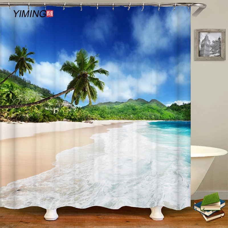 

Bathroom Waterproof Shower Curtain 3D Beach Seaside Landscape Palm Tree Printed Home Decor Shower Curtain With Hook 180x200cm