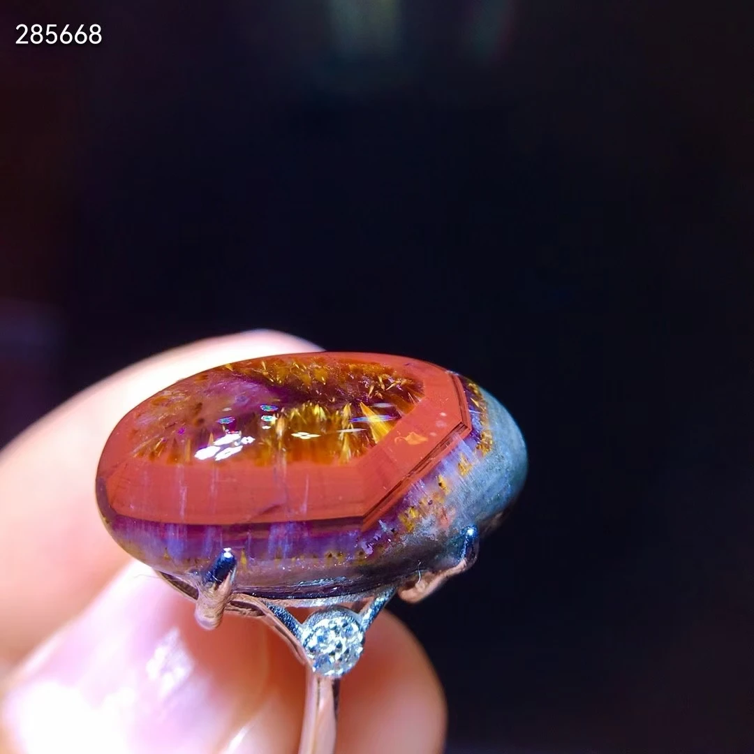 

Natural Auralite 23 Cacoxenite Red Purple Adjustable Ring Women Men 21/11.3mm Rutilated Quartz Water Drop AAAAAA