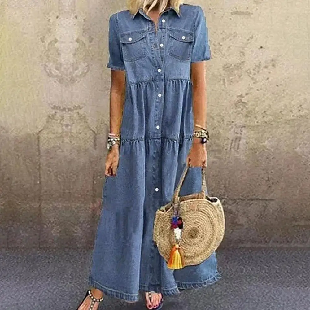

Long Denim Pleated Short Sleeve Shirt Dress For Women Hot Fashion New Style Summer Women Casual Women Vintage Denim Long Dress