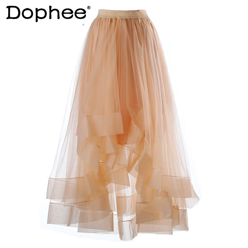

2021 Spring and Summer New High Waisted Irregular Mesh Skirt Women A- Line Large Hem Midi Faldas Retro All-match Ruffles Skirts