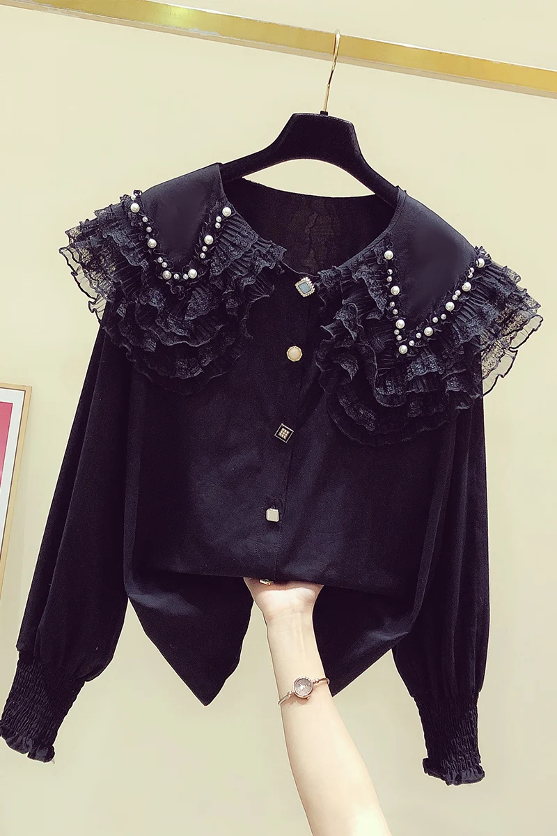 

2021 Spring New Elegant Bead Lace Large Lapel Black Shirt Women's Casual Cotton Shirts Girls Lady Loose Blouse Mujer Basic Tops