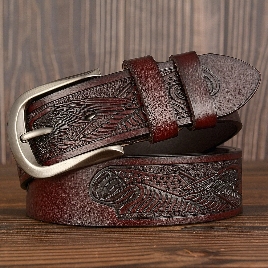 Ремень мужской из натуральной кожи винтажный ковбойский пояс с прессованным