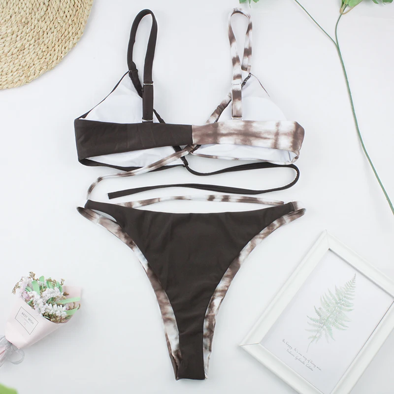 

Tie Dye Bikini 2021 Woman Thong High Cut Sexy Bikini Set Push Up Low Waist Female Bandeau Bathing Suit Halter 2 Piece Set
