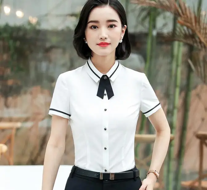 

Elegant summer bow tie shirt women fashion OL new formal slim short sleeve chiffon blouse office ladies work wear plus size tops