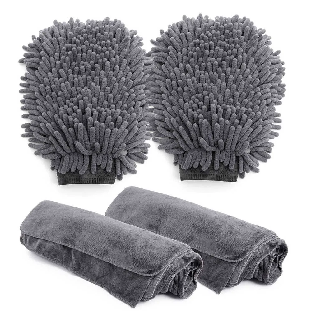 

2x Double-sided Chenille Car Wash Washing Cleaning Glove + 2x Microfiber Towel Car, Motorcycle, Household , Cleaning Kit