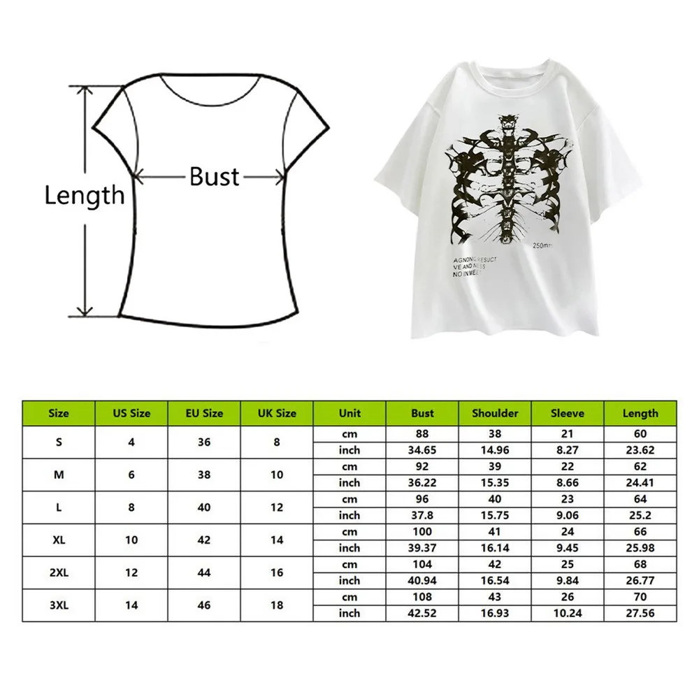 

Skeleton Print Goth Style Women T-shirts Summer Short Sleeve Harajuku Loose T Shirt Basic Tee Streetwear Crop Tops Oversized