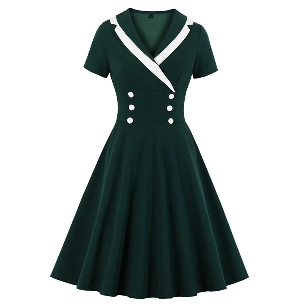 Vintage Preppy Style Women Dress A-line Solid Mini V-Neck 2020 Autumn Short Sleeve High Waist with Buttons #33 | Женская одежда