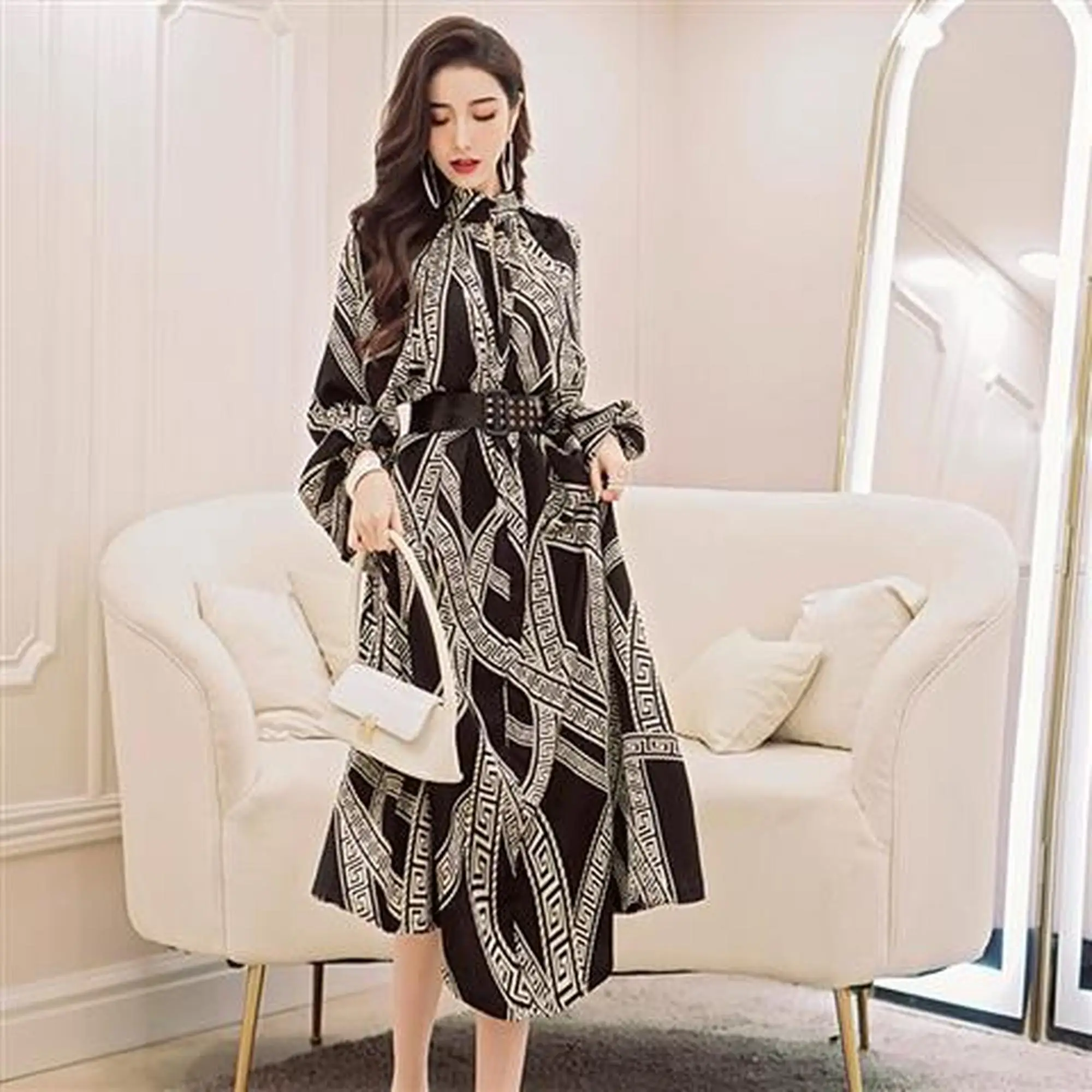 

National Printed Smooth Silk Fabrics Dress 2020 New Women's Autumn Retro Black and White Pattern Skirt