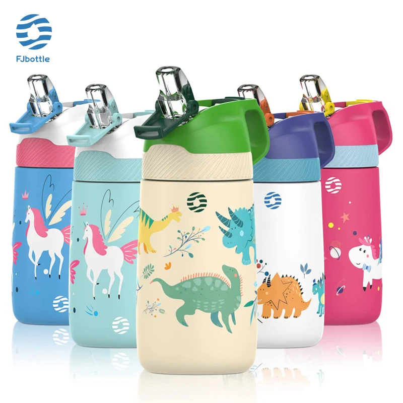 Детская бутылка для воды FJbottle, вакуумные фляжки, термос с милым рисунком динозавра, Вакуумная бутылка с полезной соломинкой и без BPA, 350 мл - изображение