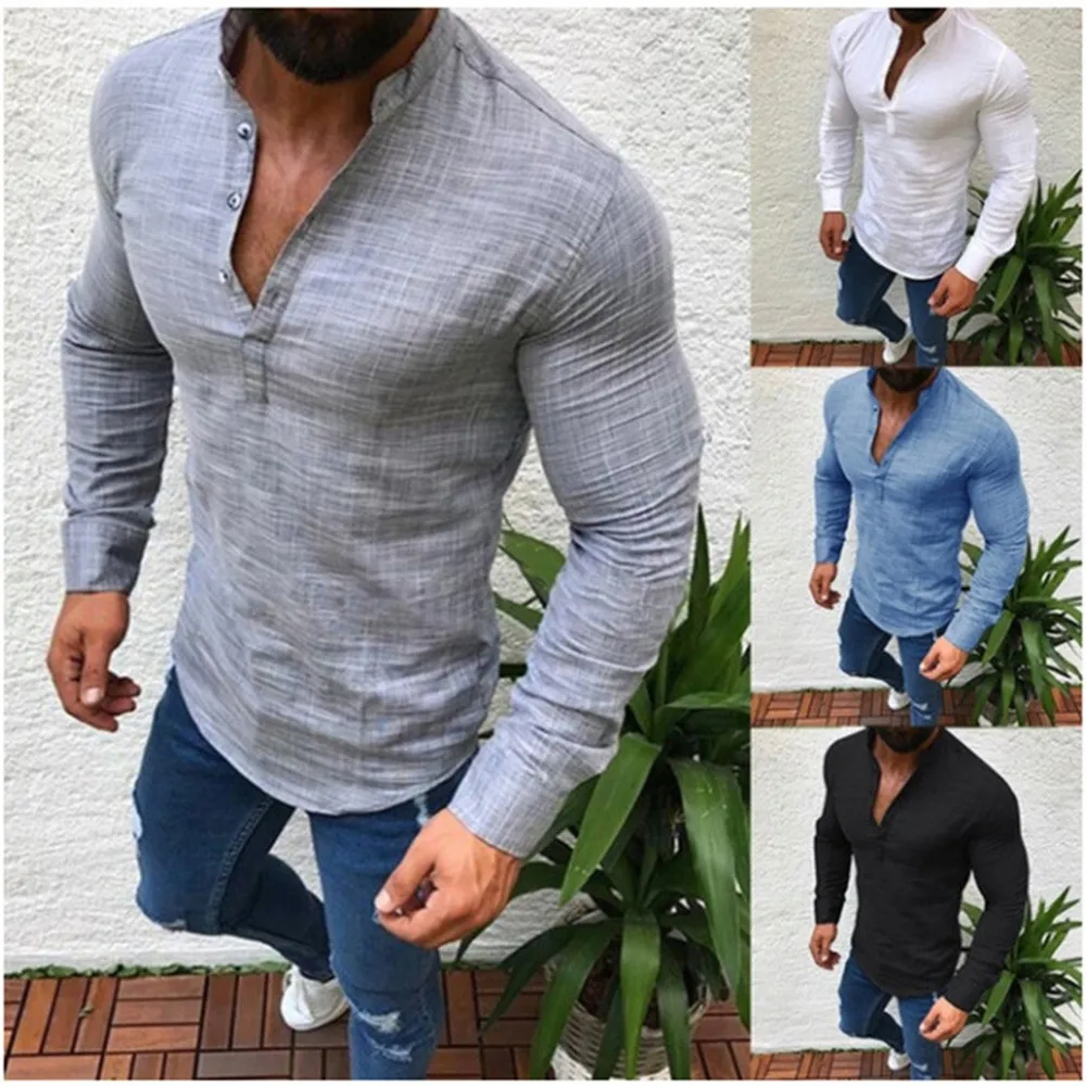 

Fashion Men Summer Casual Solid Color Long Sleeve Tops Slim Fit Blouse Shirts Tees Breather Comfortable Men's T-shirt L~3XL