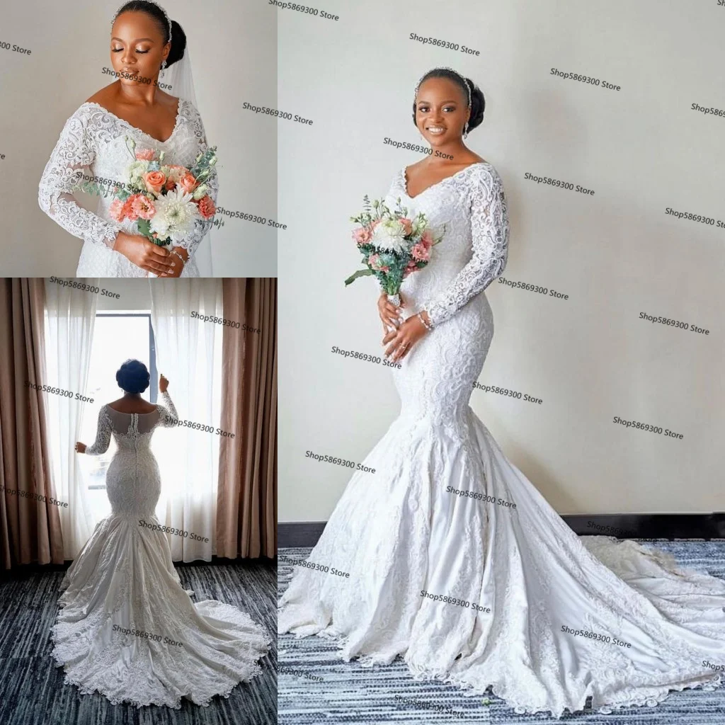 

2021 Mermaid Bellanaija Wedding Dresses Long Sleeves V Neck Lace Aso Ebi african Bridal Wedding Gowns Plus Size With Train