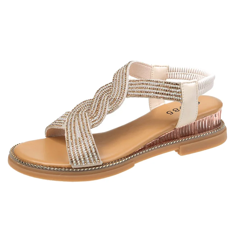 

Round Toe Sandals Elastic Band Fashion Womens Shoes 2021 Summer Heels Suit Female Beige Shallow Mouth Slip-on Luxury Comfort Be