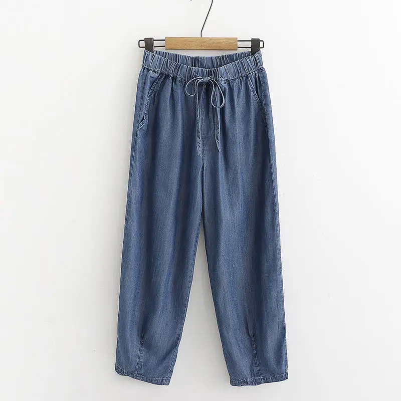 

Plus Size Loose Blue Basic Summer Thin Korean Straight Pants Casual Drawstring Elastic High Waist Cropped Trousers Women X120