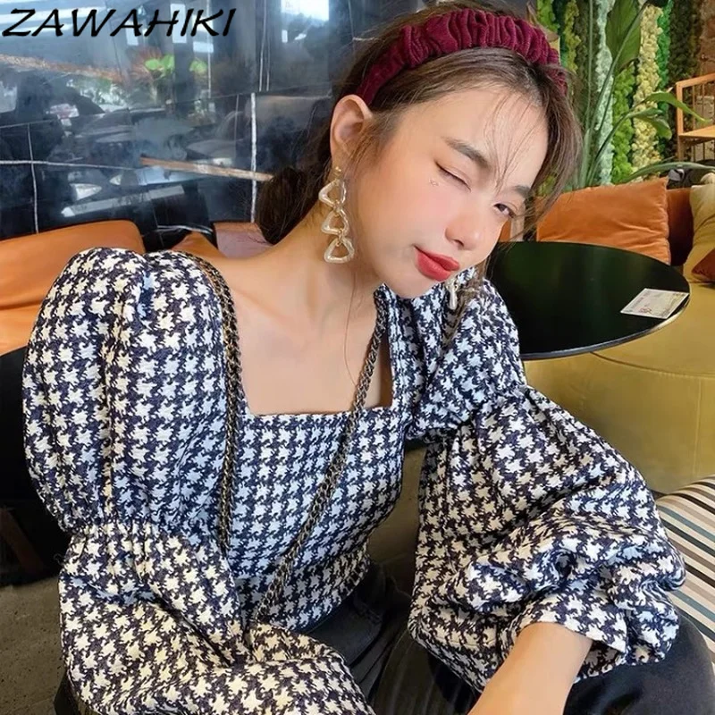 

ZAWAHIKI French Spring and Autumn Retro Casual Sweet Fashion Cropped Top Chic Puff Long Sleeve Bird Lattice Square Collar Shirt