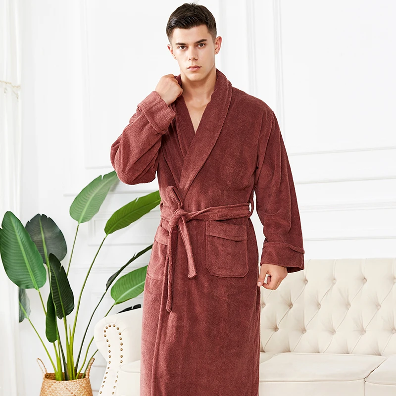 Robe Winter Thicken Men 100% Cotton Nightgown Extra Long Sleep Towel Fleece Long Kimono Bathrobe Gown Warm Casual Sleepwear