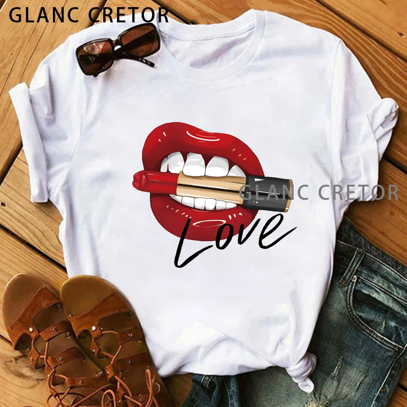 

Harajuku T-Shirt Women T-Shirt Tops Red Mouth Lip Letter Love Print T-Shirt O-Neck Tops Tee Short Sleeve Women Tshirt
