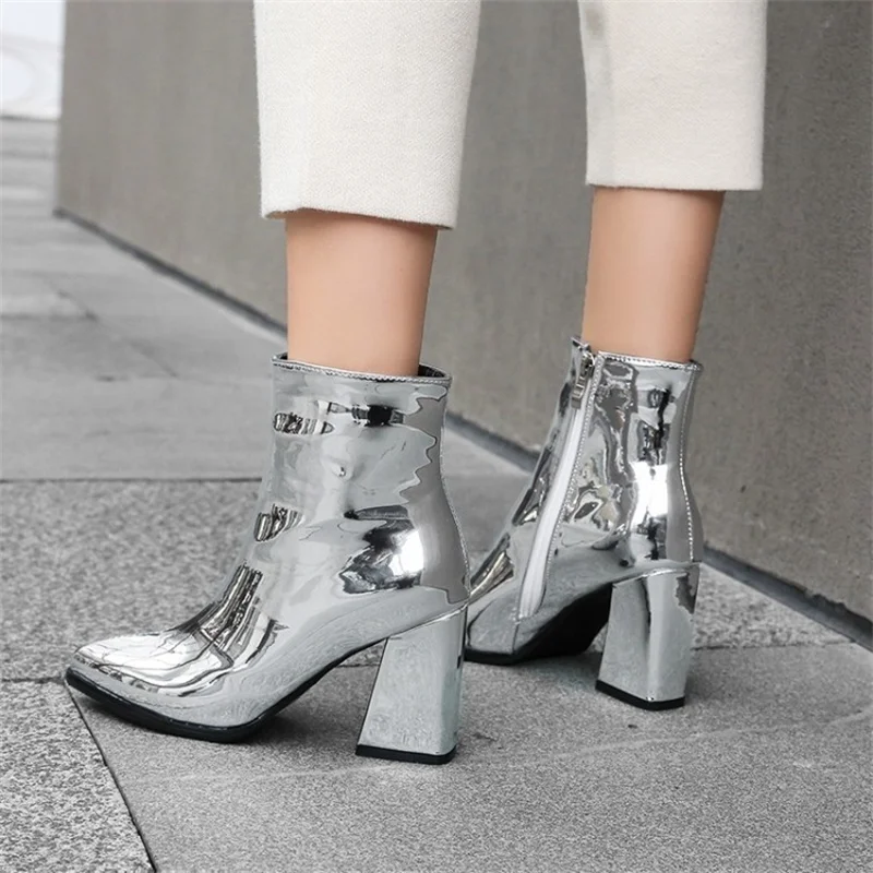 

shoes patent leather pointed thick heel Women's high-heeled zipper Knight boots
