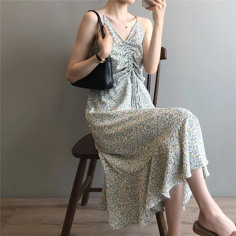 CRRIFLZ 2020 New Casual Spaghetti Strap Print Dress Women Summer V-neck High Waist Sleeveless Trumpet Mermaid | Женская одежда