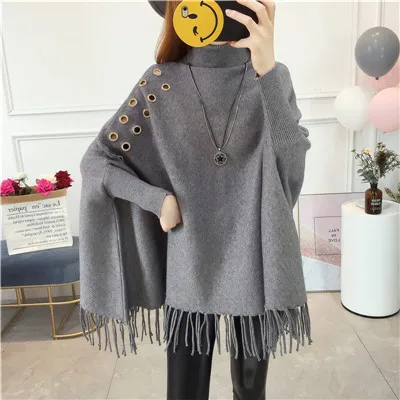 

Winter Woman Hollow Out Turndown Neck Sweaters Capes Female Loose Knitted Ponchos Fringe Tassel Women Pullover Cloak Cape Poncho