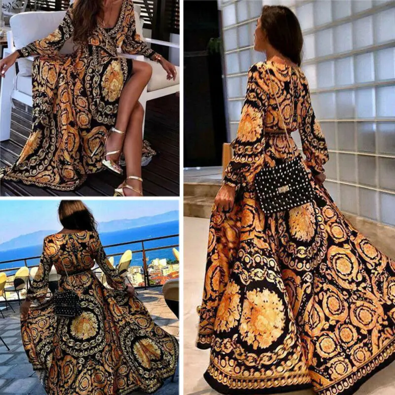 Женское весеннее платье в стиле бохо с цветочным принтом новинка 2019 длинный