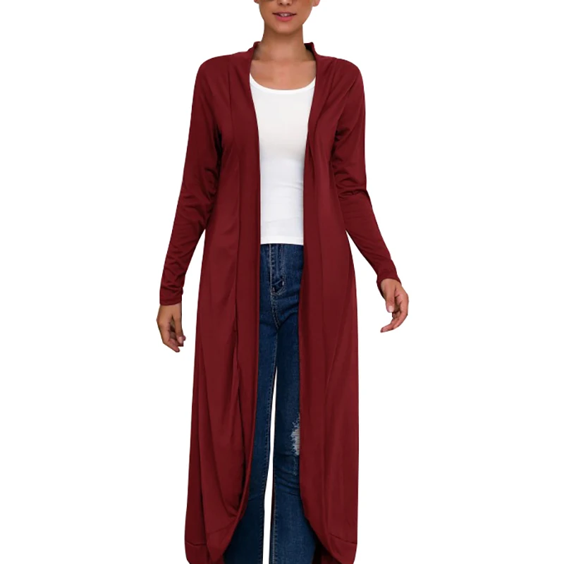 Модный женский осенне-зимний однотонный длинный тонкий кардиган с длинным