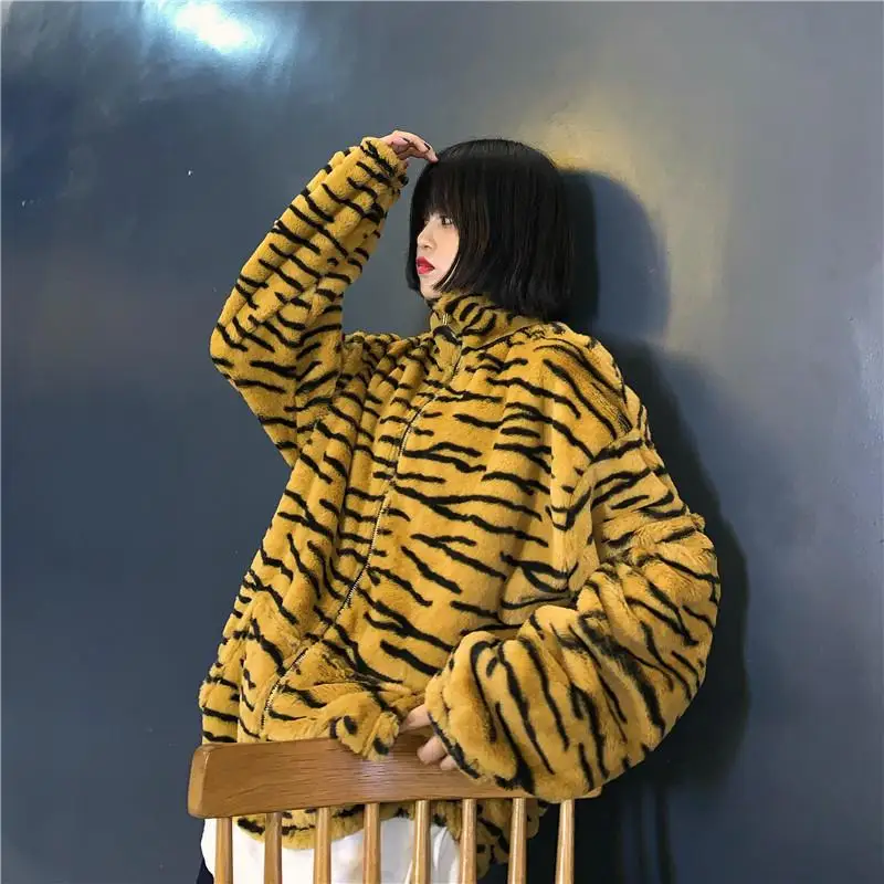 

Girls Zebra Tiger Pattern Zipper Women Teddy Jacket Autumn Winter Lady Teddy Jackets Loose Turtleneck Female Outerwear