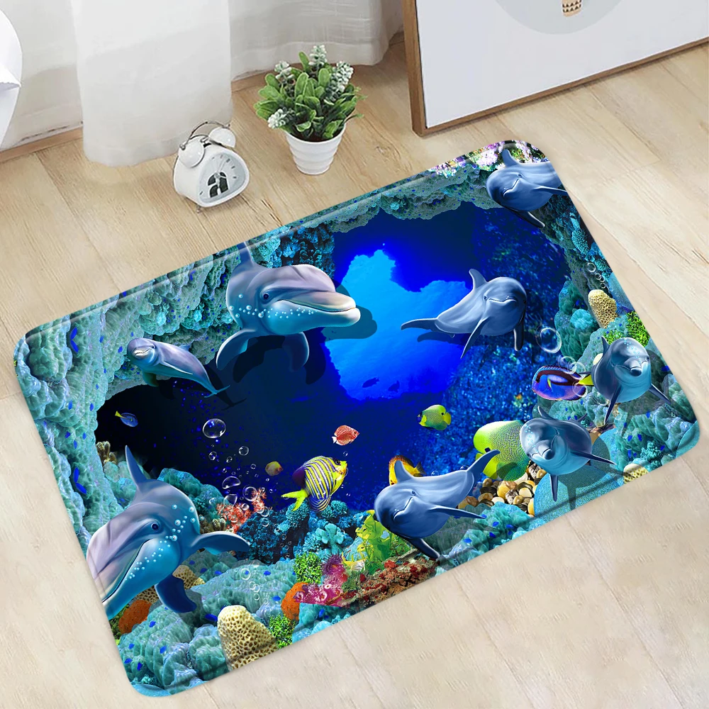 

Doormat 3D Ocean Animal Fish Bathroom Mat Dolphin Whale Coral Underwater Scenery Anti-Slip Rug Kitchen Entrance Aisle Carpet Pad