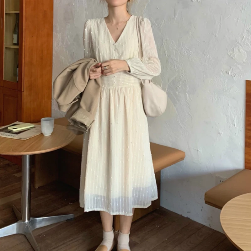 

2021 New Women Vintage Spring V Neck Pearl Long Chiffon Dress Slim Waist Beige Solid Dot Midi Dresses
