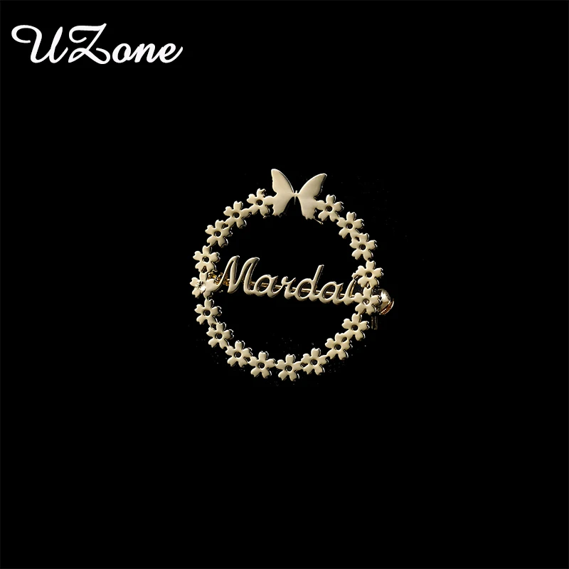 

UZone Personalized Butterfly Nameplate Pins Round Flower Customize Name Brooches For Women Wedding Bridesmaid Gifts Wholesale