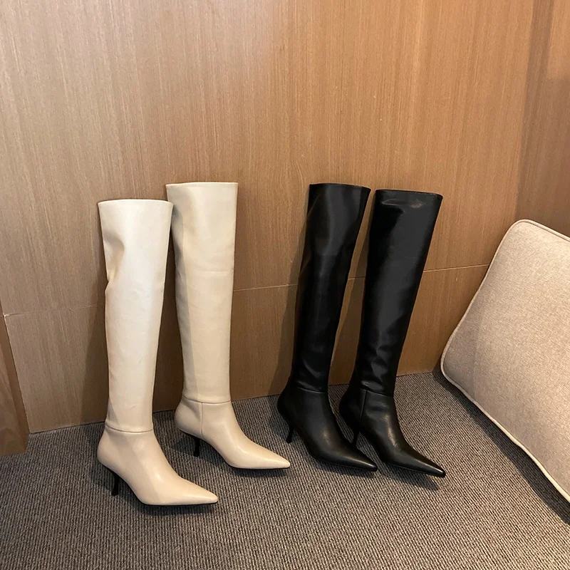 

Top quality genuine leather+elasticity fashion pleated knee high boots leather concise female pointed toe high heels party shoes