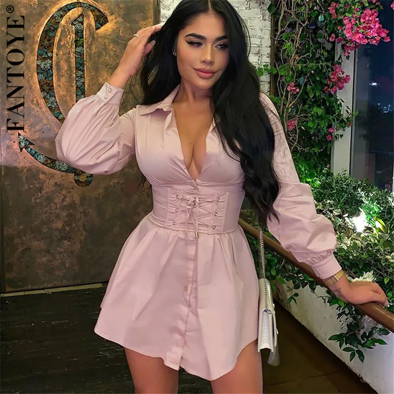 Женское платье рубашка FANTOYE с V образным вырезом высокой талией для вечеринок