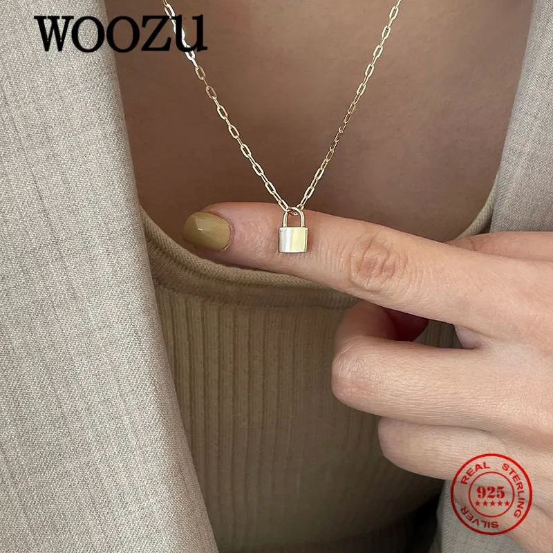 WOOZU 925 Sterling Silver 14k Gold Plated Punk Goth Mini Small Lock Pendant Link Chain Necklace For Women Hip Hop Party Jewelry