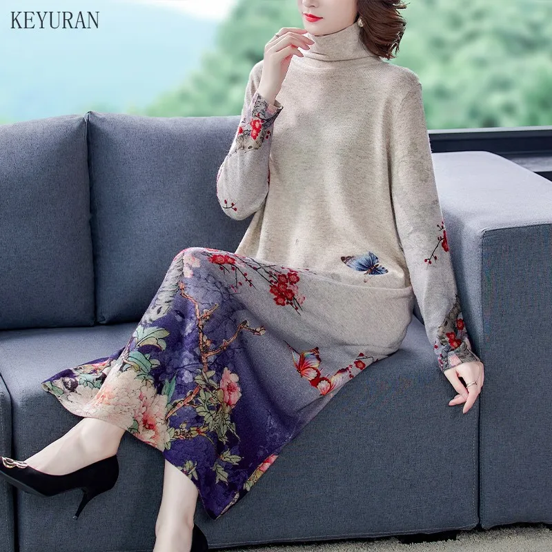 Осенне зимнее Новое Женское вязаное платье свитер с принтом в стиле ретро