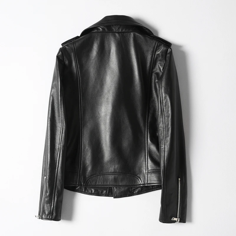 

New Fashion 2020 Women Motorcycle Biker Genuine Leather Short Slim Jacket Lady Black Real Sheepskin Coats Outwear LX2165