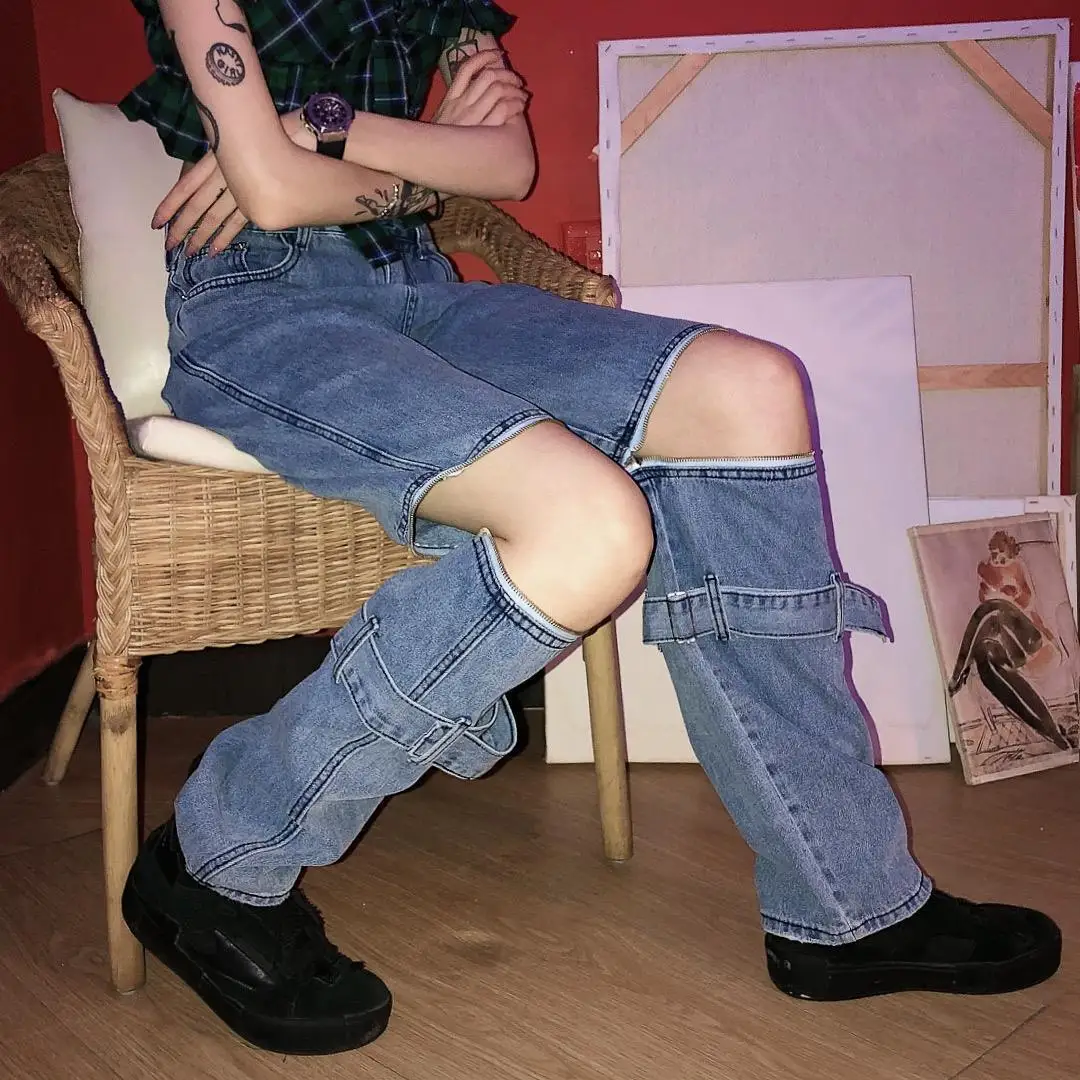 

2020 Summer Newest Style Women's Zipper Sexy Waist High Pants Jeans Destroyed Torn Cool Loose Pants Jeans Blue Pants Pantalones