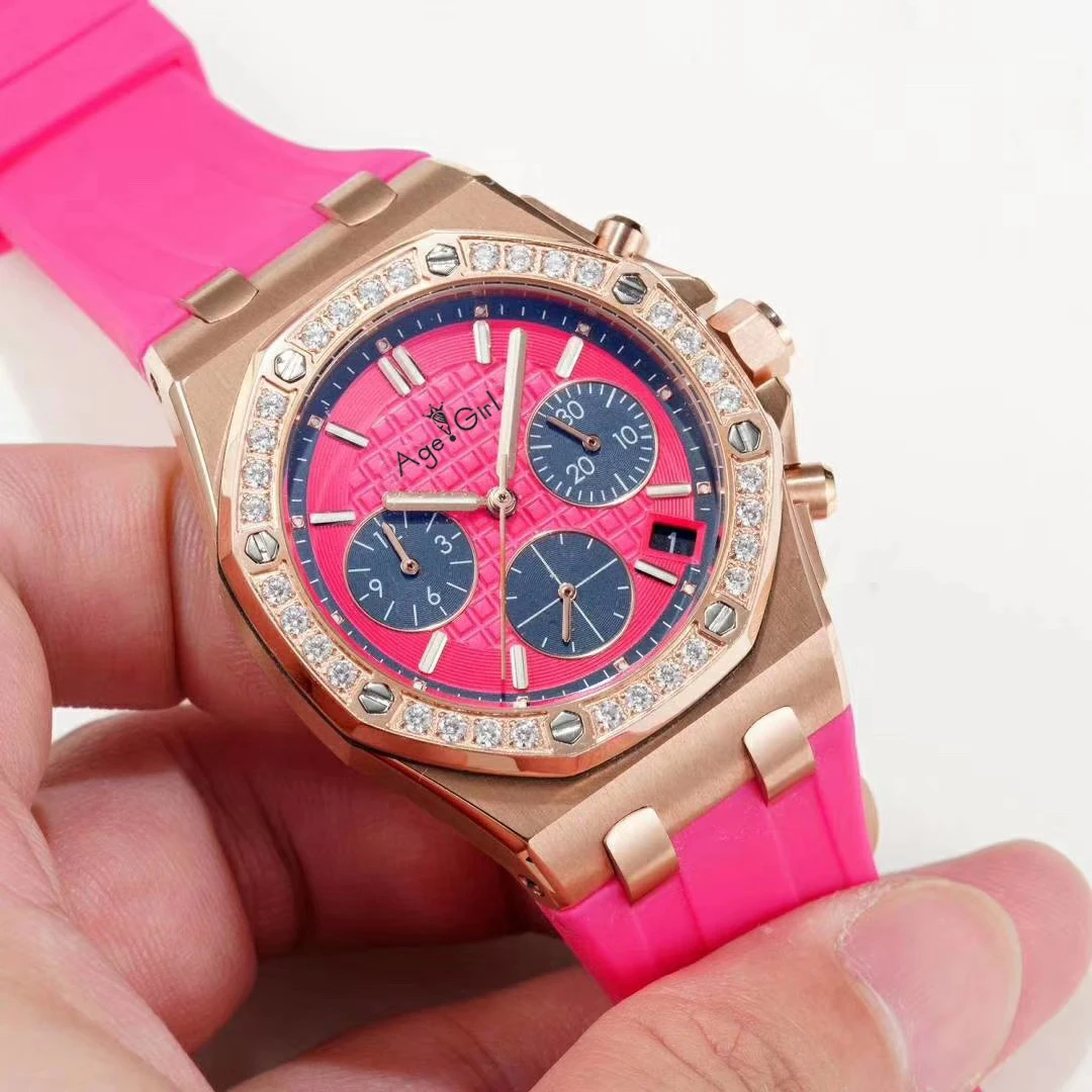 

Classic New Women Lady Chronograph Stopwatch Sapphire Stainless Steel Luminous Grey Rubber Watch Rose Gold Diamond Bezel