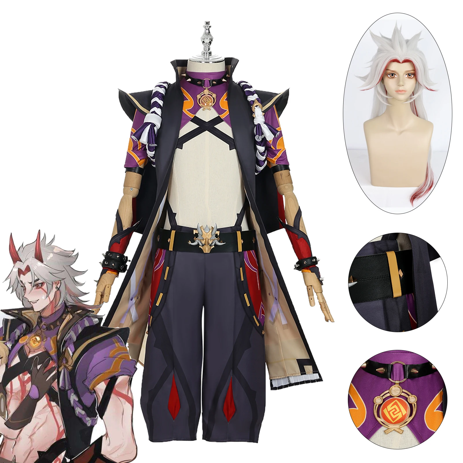 

Genshin Impact Arataki Itto Cosplay Costume and Short Sliver Wig Game Anime Arataki Uniform Halloween Party Outfit For Men Women