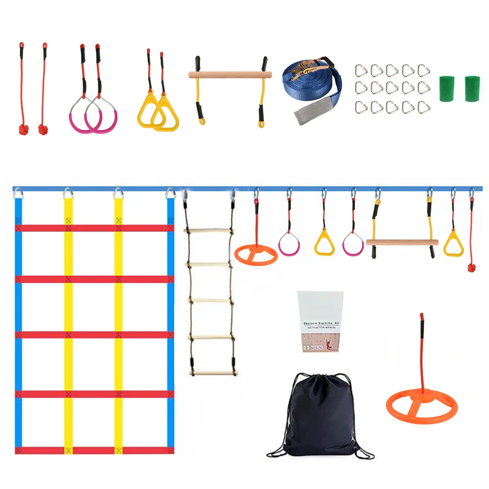 

Ninja Warrior Obstacle Course 50FTSlackline Kit-Ninja Warrior Training Equipment Climbing Rope Ladder & Climbing Cargo Net