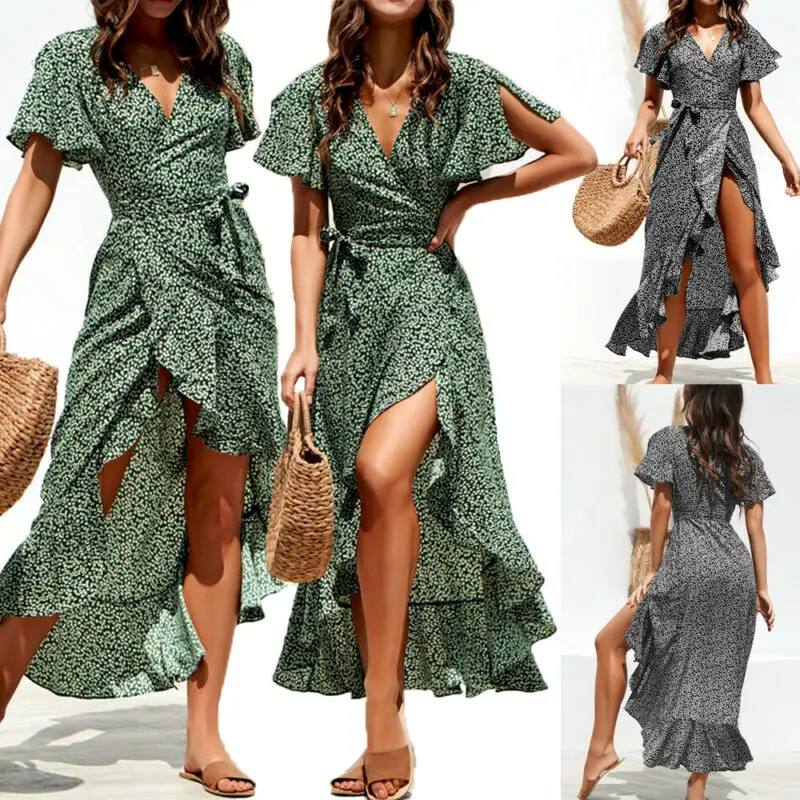 Платье женское длинное с запахом модный элегантный сарафан в горошек стиле бохо