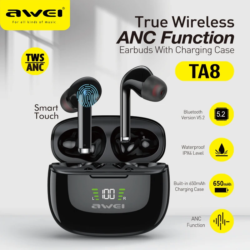 

Awei TA8 ANC Earphone Wireless Bluetooth 5.2 TWS Earphone Active Noise Cancelling Earphones Surround Stereo LED Display Earbuds
