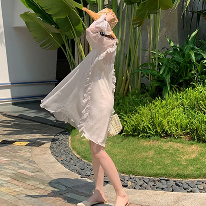 

DEAT Women Apricot Flounced Edge High Waist Bow Long Dress New Bow Collar Long Flying Sleeve Fashion Spring Summer 2021 2F0299