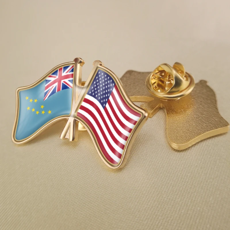 

Tuvalu and United States Crossed Double Friendship Flags Lapel Pins Brooch Badges