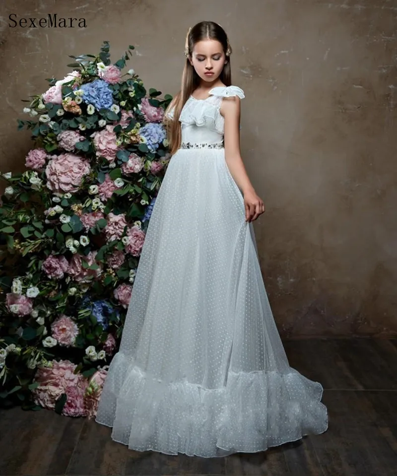 A-Line Polka-dot Tulle Flower Girl Dresses Illusion Sleeveless Girl Wedding Party Dress Communion Dress Birthday New Year