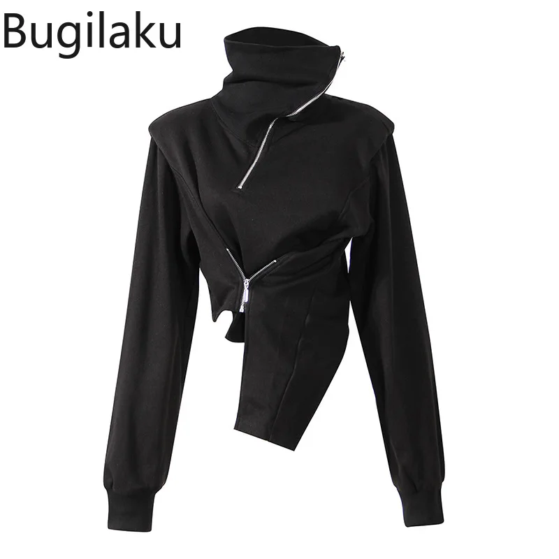 

Turtleneck Asymmetrical Hoodies Solid Color Long Sleeve Zippers Cropped Sweatshirts Fashion Casual Streetwear Women Clothes