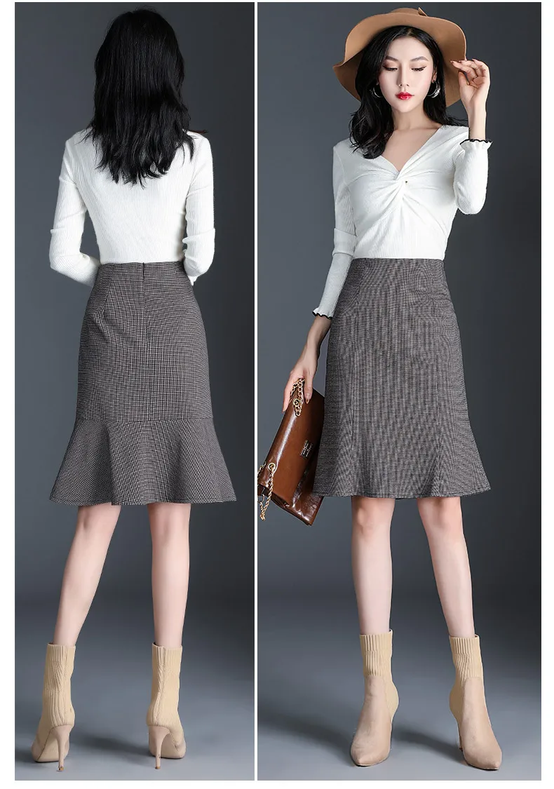 New Fall Winter Knit Skirt Women Gray Lattice High Waist Ruffle Mermaid Skirt S-3XL Plus Size Pencil Skirt Female