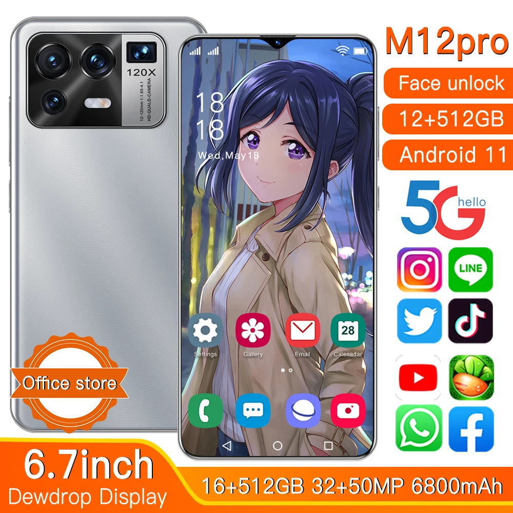 M12 Pro 6.7-inch 5G Global Version Smartphone 12GB+512GB MTK6889 6800mAh Face Unlock Dual SIM Dual Standby