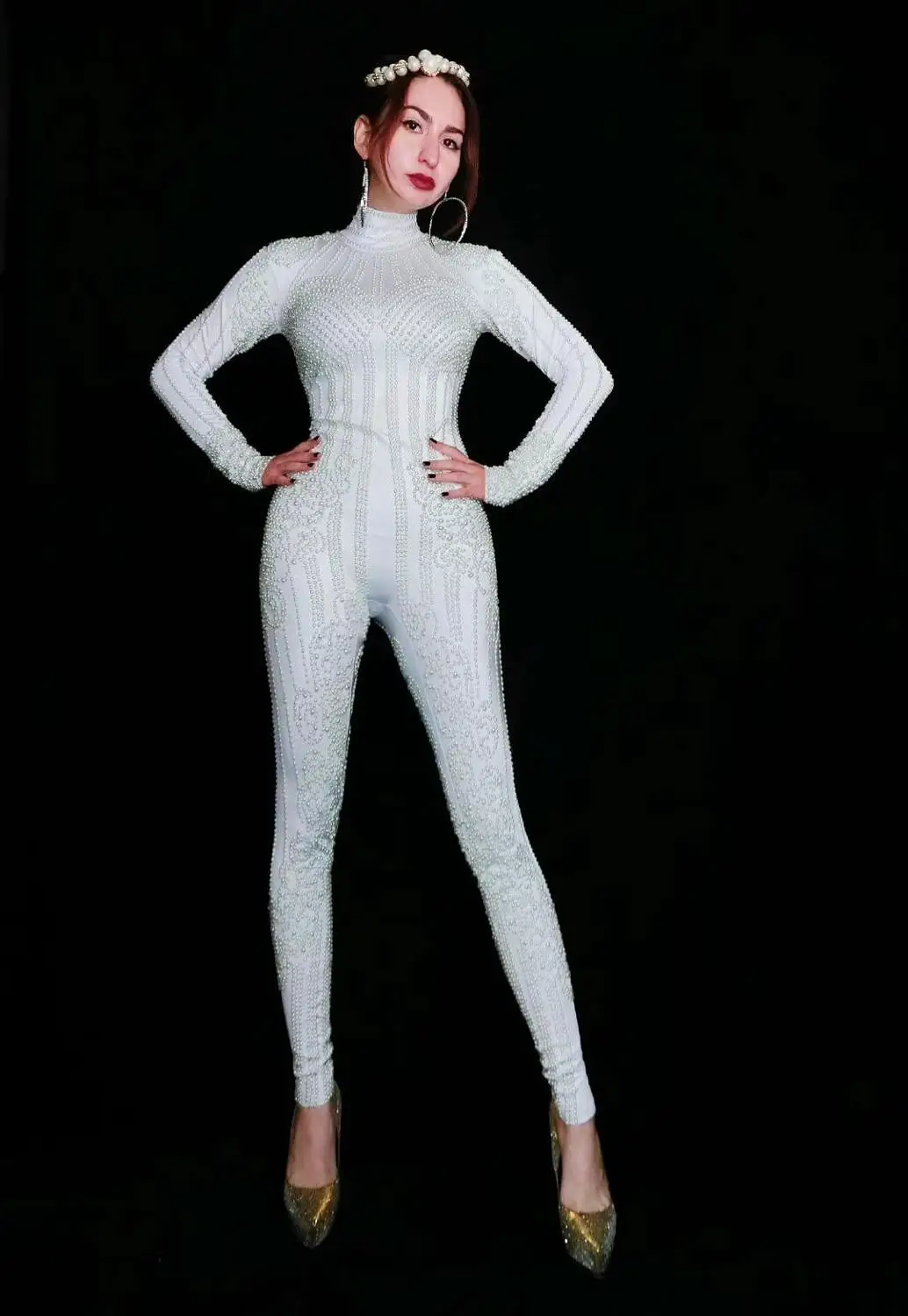 

Women's Full Pearls Pattern White Long Sleeves Bodycon Acrobatics Leotard Female Nightclub Style Pole Dance Performance Clothes